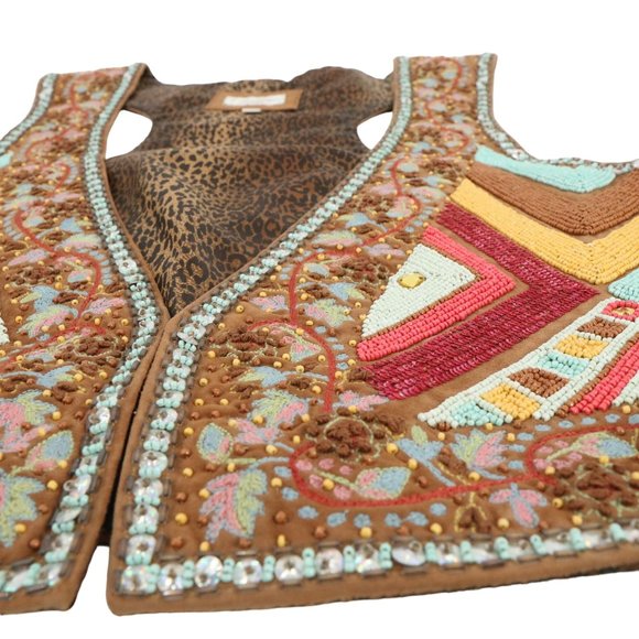New Tasha Polizzi Heavily Beaded Floral Embroidered Brown Leather Western Vest L - Picture 9 of 15